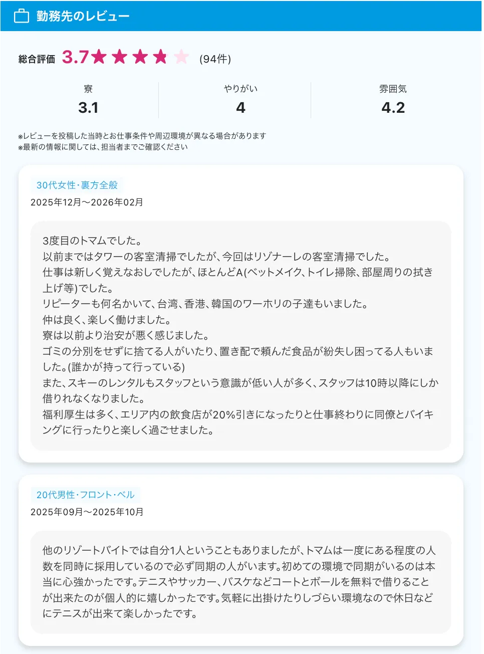 リゾートバイトダイブ 勤務先のレビュー例