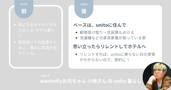 平日はunitoに拠点を置いて、休日に好きなホテルに泊まる｜小林さんのunito暮らし