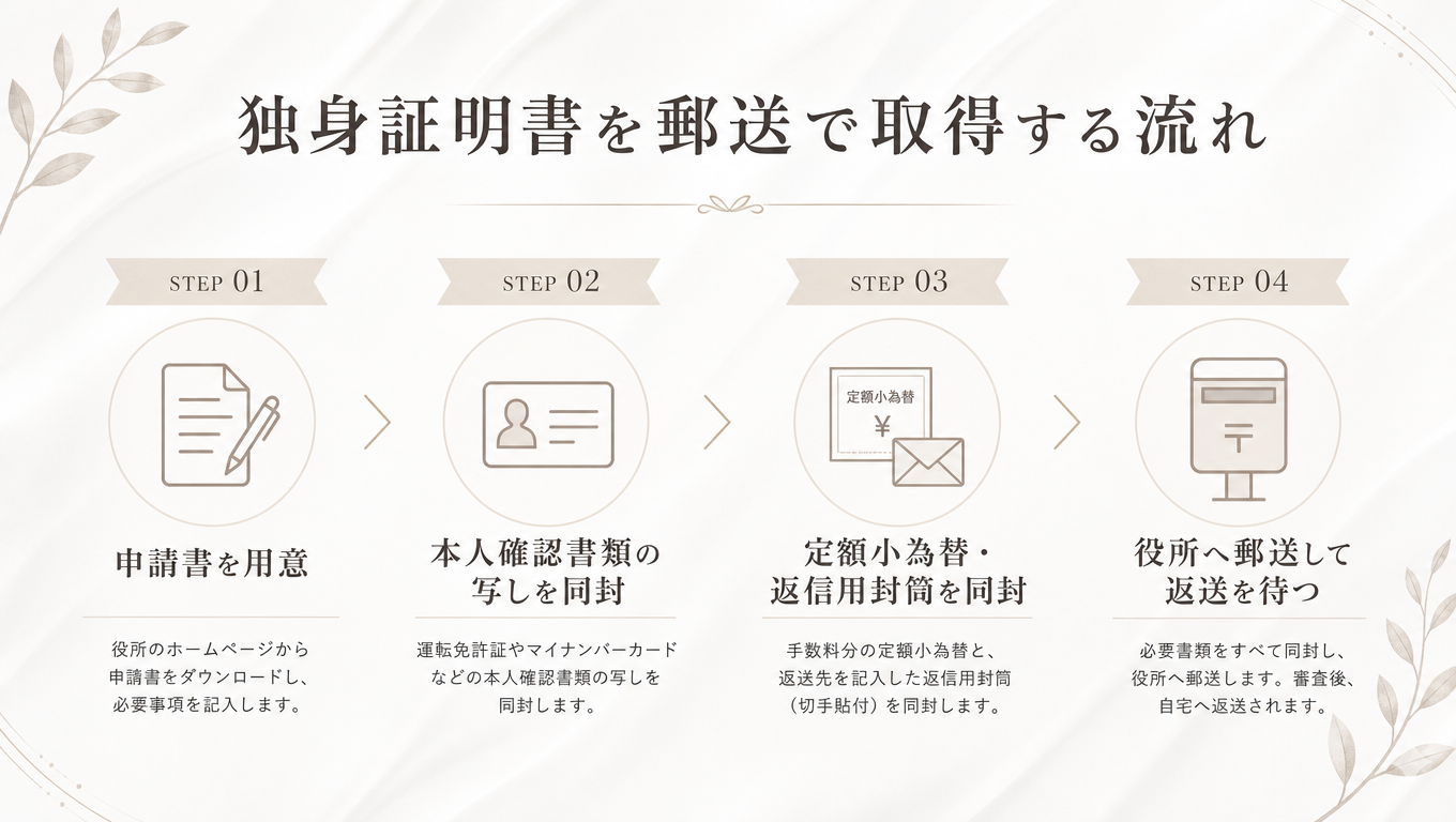 独身証明書を郵送で取得する流れを示した図