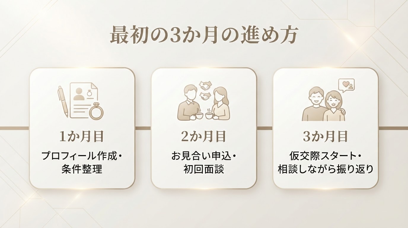 結婚相談所での最初の3か月の進め方を示した図