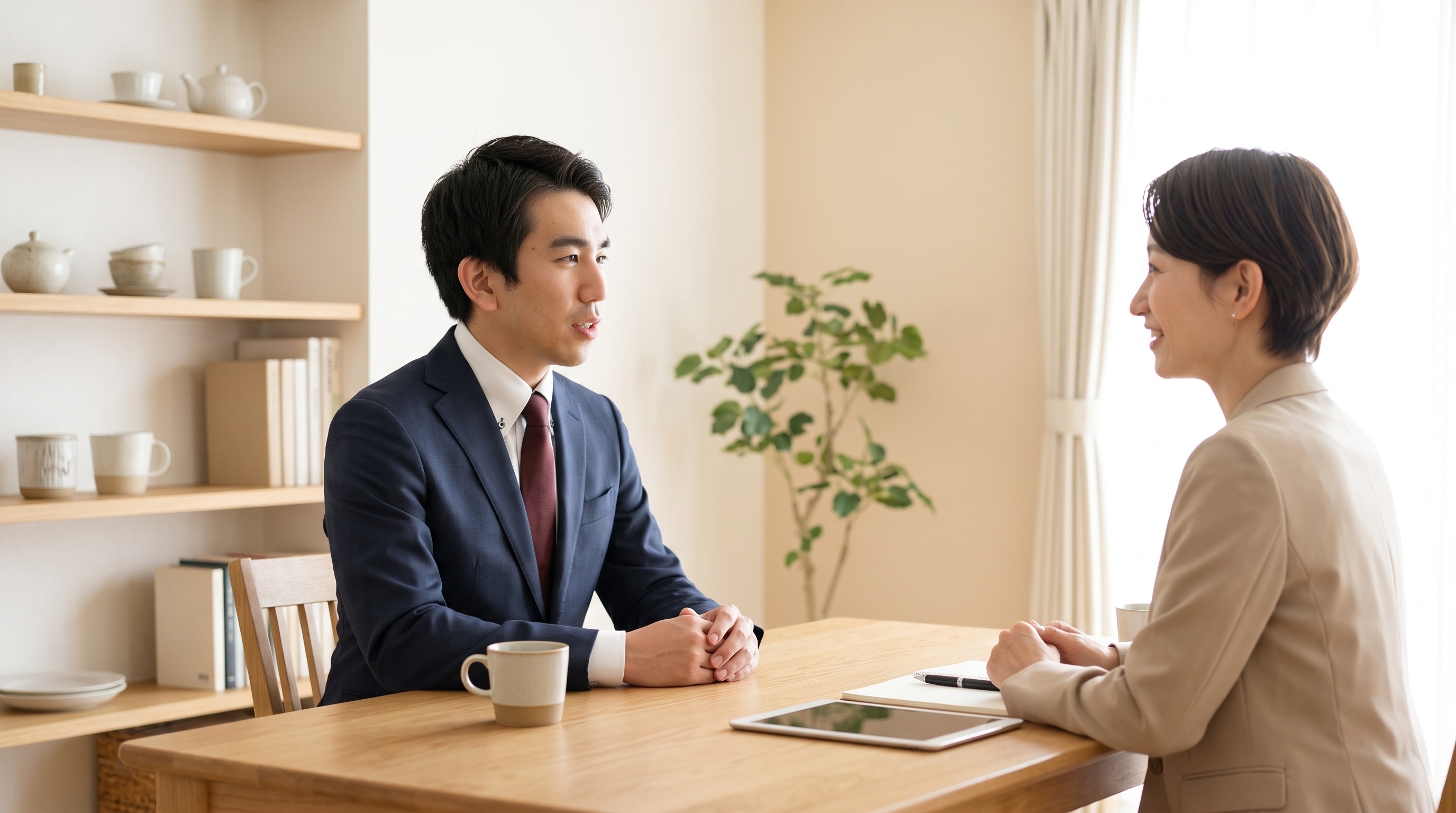 男性会員が結婚相談所のカウンセラーと落ち着いて相談している様子