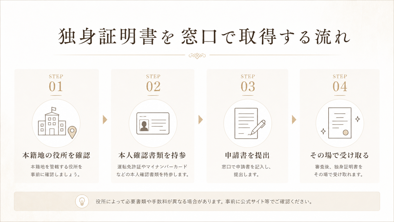 独身証明書を役所窓口で取得する流れを示した図