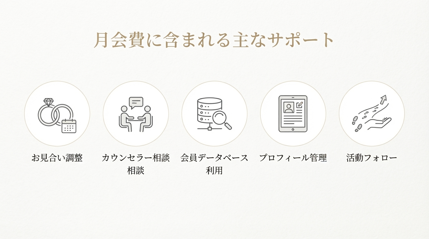 月会費に含まれる主なサポート内容を示した図