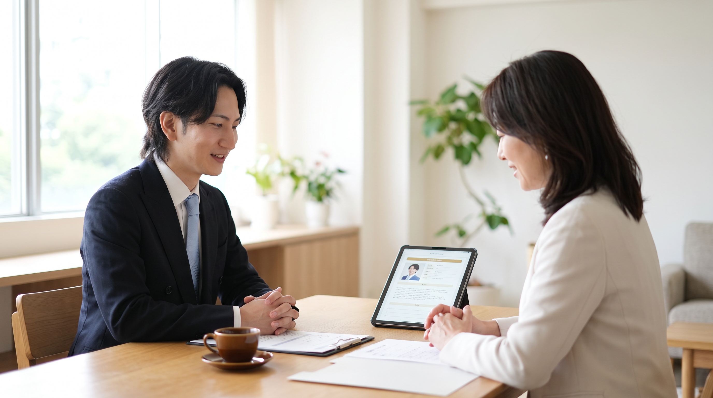 男性会員が結婚相談所のカウンセラーと婚活の方向性を相談している様子