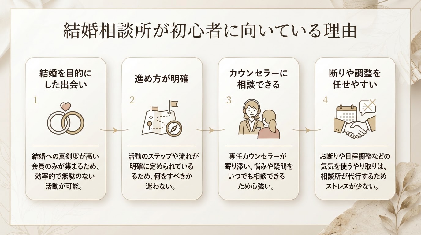 結婚相談所が初心者に向いている理由をまとめた図