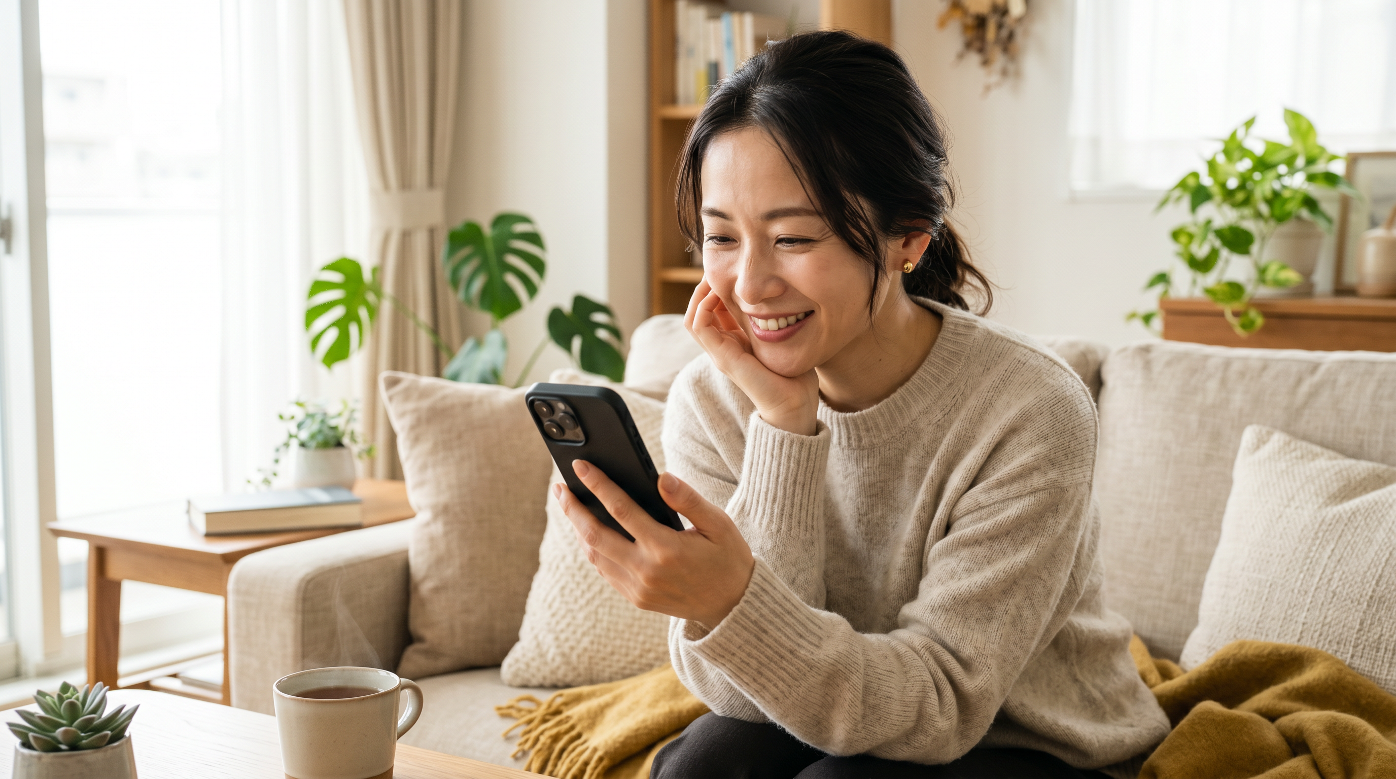 LINEで婚活相談をする女性