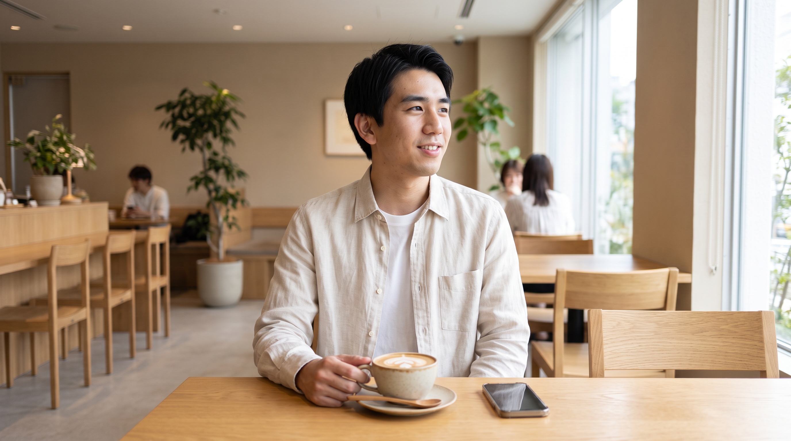 休日にカフェでリラックスして過ごす30代前半の日本人男性のイメージ