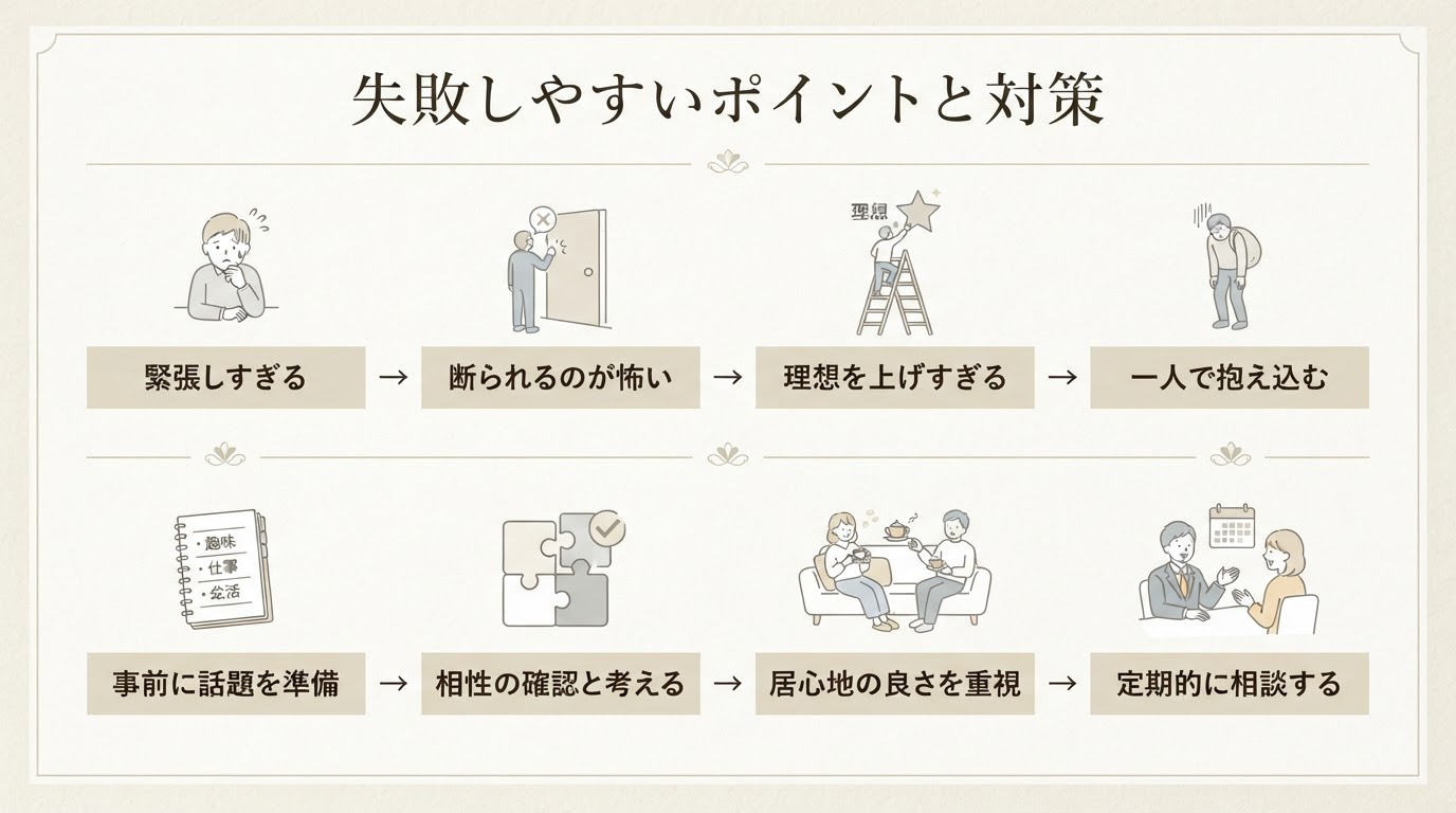 婚活で失敗しやすいポイントと対策を整理した図