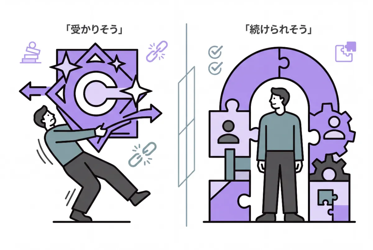 「受かりそうな会社」ではなく「続けられそうな会社」を選ぶべき！ということを画像にして。タイトル不要。テキストは最小限で