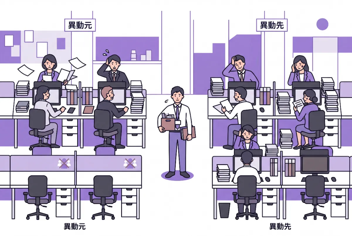 以下の文章の内容に合ったイメージ画像を作成して。タイトル不要、テキストは最小限。

人員不足で異動先・異動元ともに受け入れが難しい