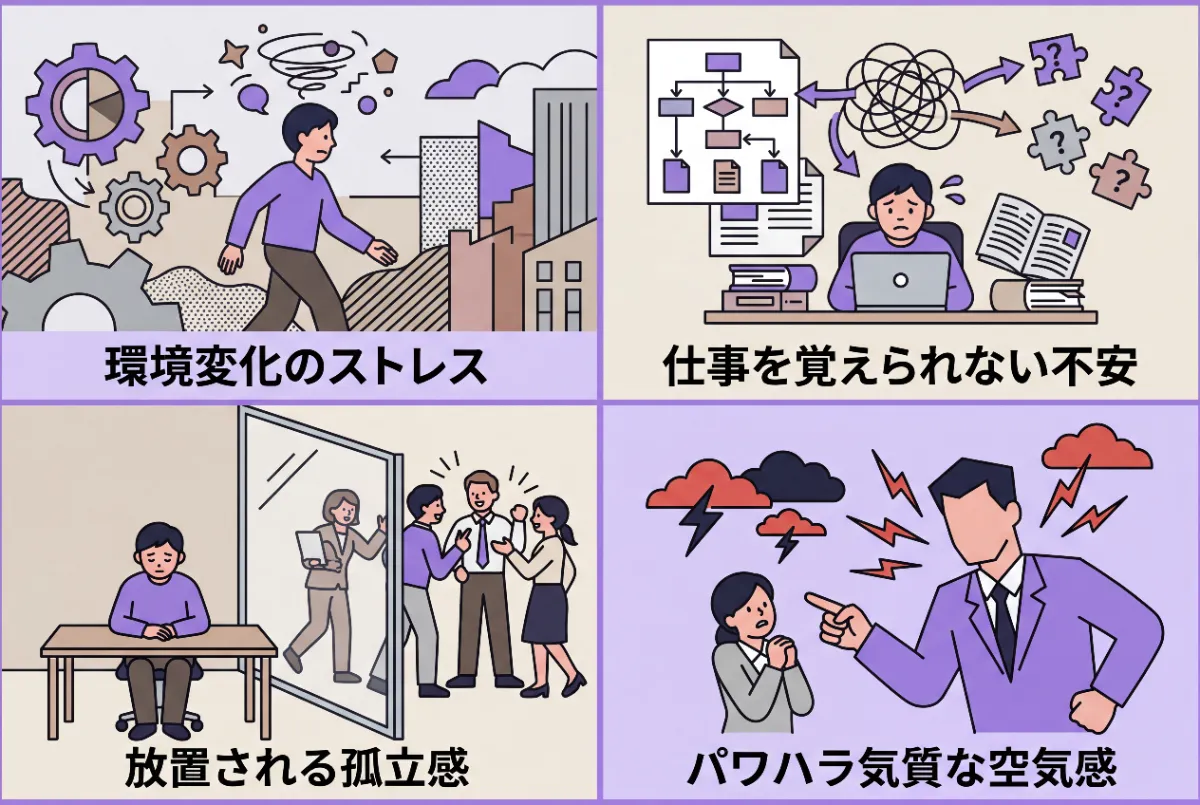 新しい職場の2日目に行きたくなくなる理由として以下の4つを画像にまとめて。タイトル不要。テキストも以下のみ
環境変化のストレス
仕事を覚えられない不安
放置される孤立感
パワハラ気質な空気感