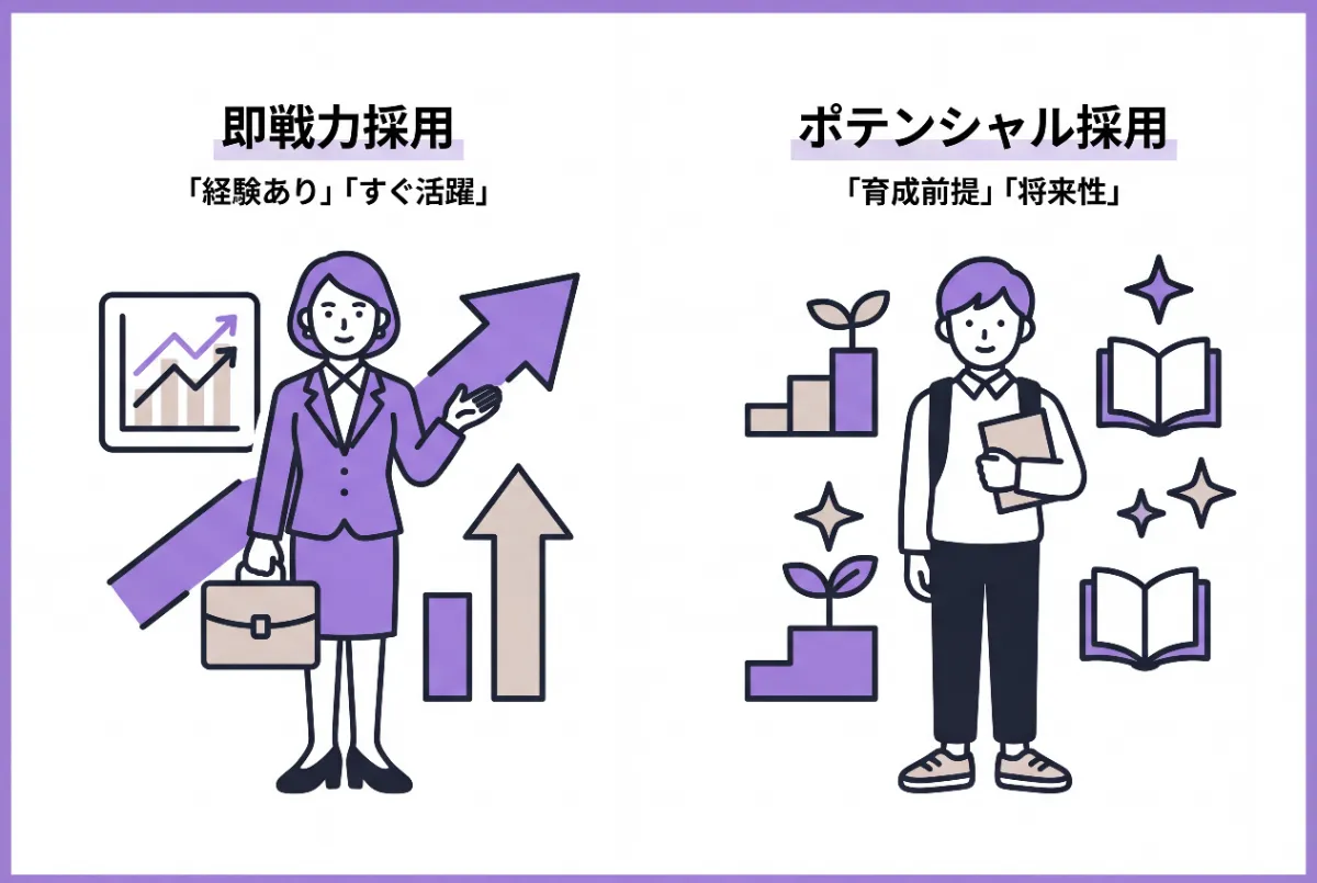 即戦力採用とポテンシャル採用の違いを画像にして。タイトルは不要。テキストは最小限