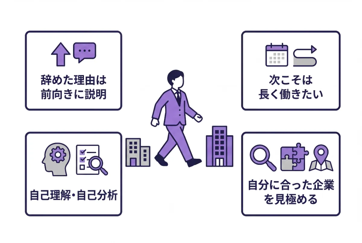 自己理解と合った企業を選ぶ→分解して以下の2つに

自己理解・自己分析
自分に合った企業を見極める

これで全部で4つになるので、人のイラストの左右に2つずつ配置して