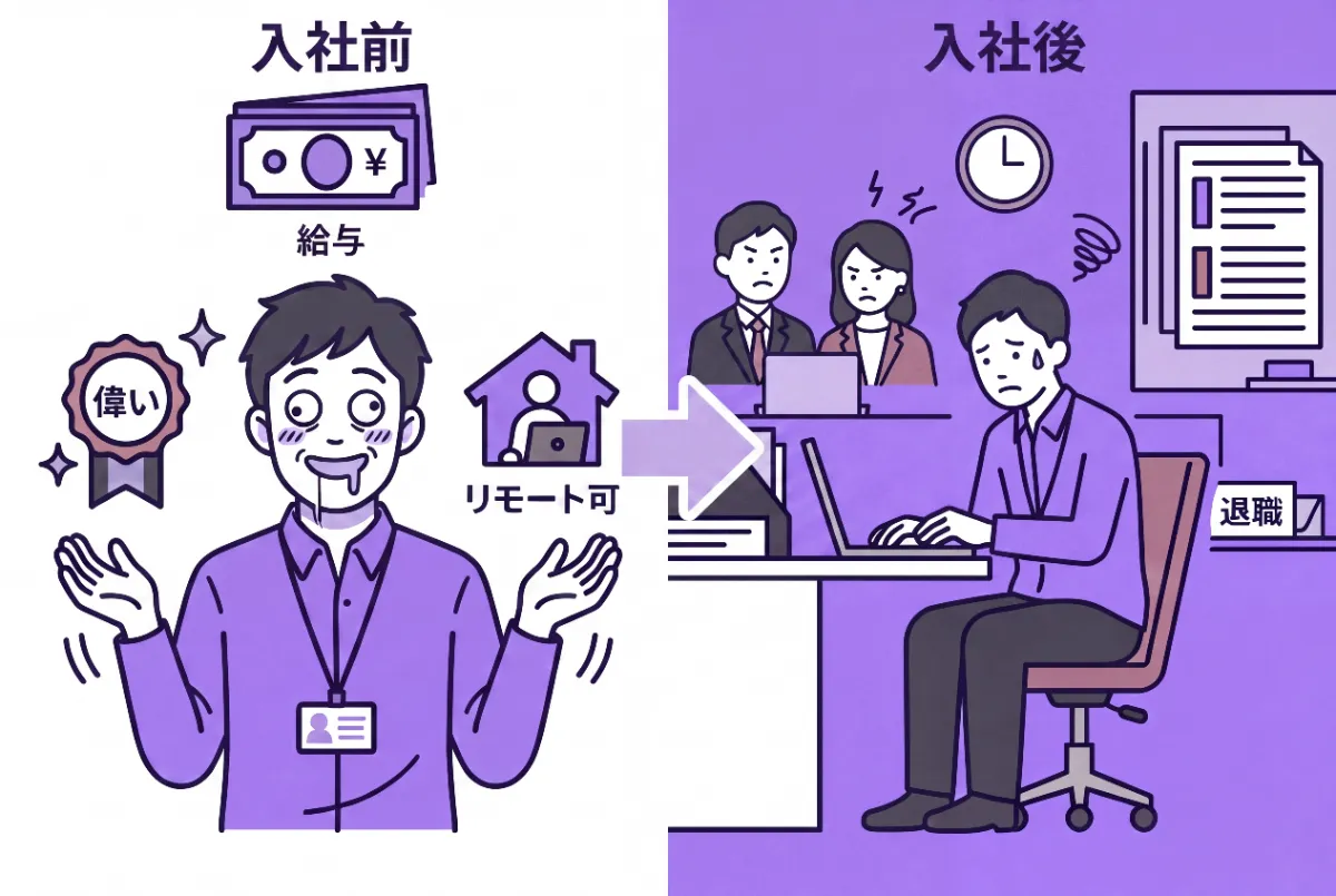 左から右のイラストに対して、矢印を一つ入れて、

あと、左イラストの上部に、「入社前」、右のイラストの上部に「入社後」のテキストを入れて