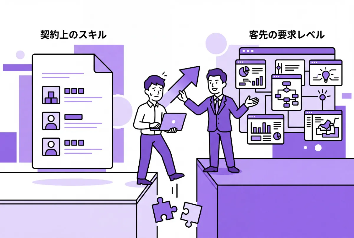 以下の文章の内容に合ったイメージ画像を作成して。テキストは最小限でタイトルは不要

SESの案件は、契約書上のスキルシートと客先が実際に求めるレベルにずれが生じやすい構造になっています。

営業担当が