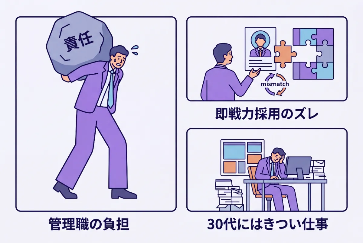 30代によくある短期離職の理由の3つを画像にして。タイトル不要。テキストは以下のみ。同じテキストは絶対2度使わない。イラストは3つ、テキストも3つ、コマ数も3つで

管理職の負担
即戦力採用のズレ
3