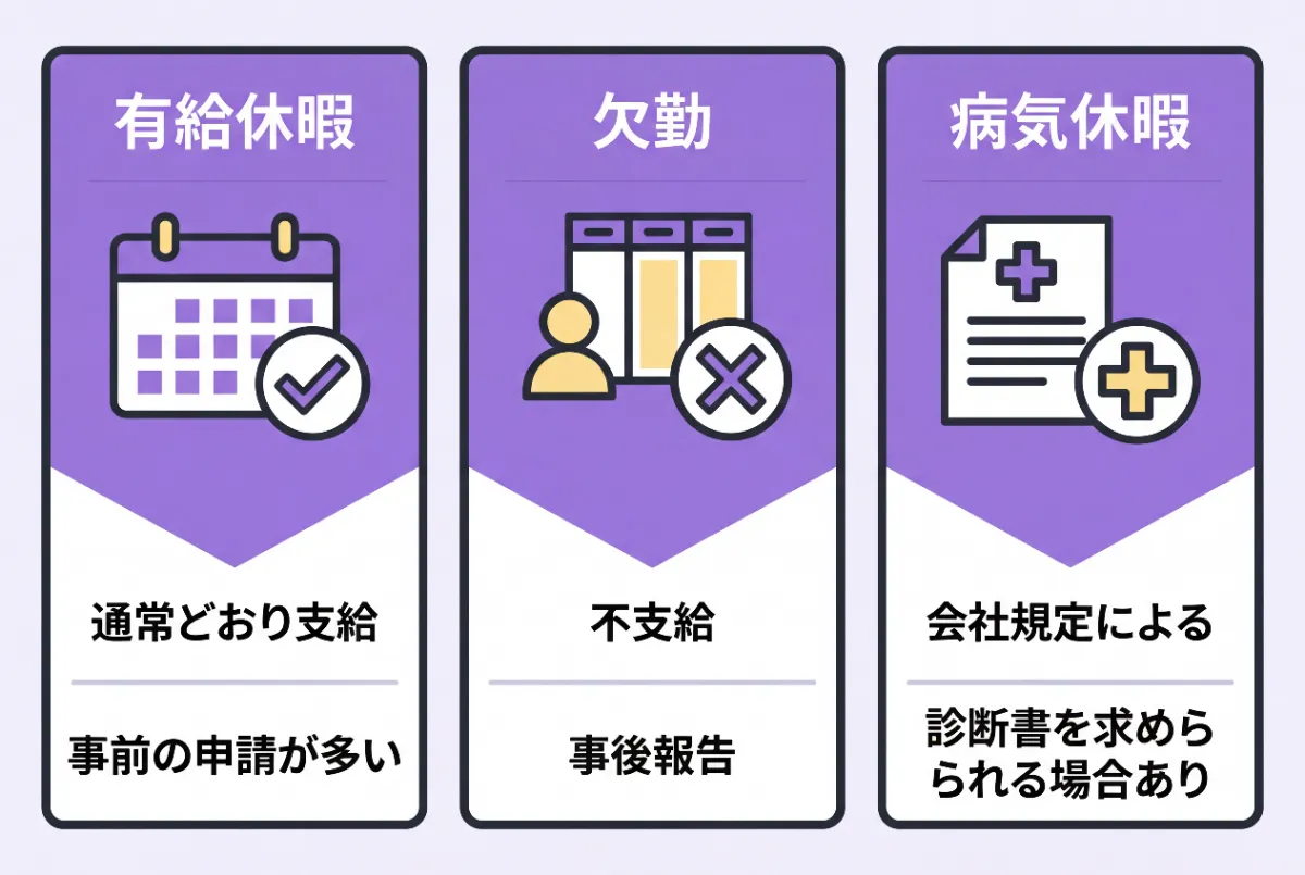 有給と欠勤の違いを以下を参考に画像をまとめて。タイトル不要でテキストは以下以外不要。

有給休暇→通常どおり支給、事前の申請が多い
欠勤→不支給、事後報告
病気休暇→会社規定による、診断書を求められる