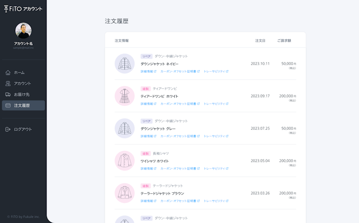 FiTOアカウントの注文履歴画面