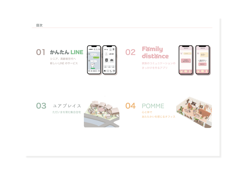 　01 02はアプリデザイン　03 04は空間デザイン