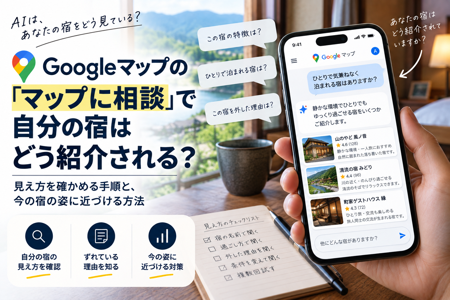 Googleマップ「マップに相談」で自分の宿はどう紹介される?確かめ方と対策