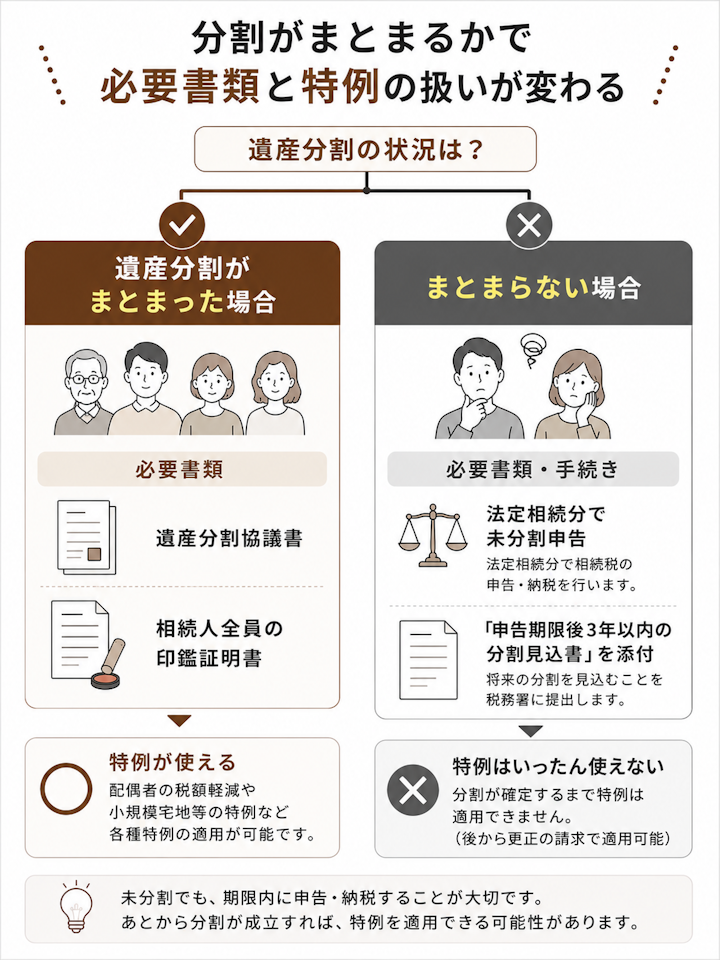遺産分割がまとまった場合は遺産分割協議書と相続人全員の印鑑証明書を添付して特例が使え、まとまらない場合は法定相続分で未分割申告をして申告期限後3年以内の分割見込書を添付し特例はいったん使えないという、分割の状況で必要書類と特例の扱いが変わることを示した分岐図