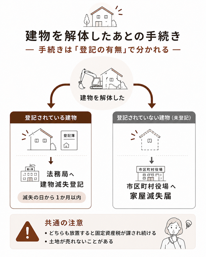 建物を解体したあとの手続きが登記の有無で分かれることを示す図。登記されている建物は法務局へ滅失の日から1か月以内に建物滅失登記を申請し、登記されていない未登記建物は市区町村役場へ家屋滅失届を提出すること、どちらも放置すると固定資産税が課され続け土地が売れないことがある注意点