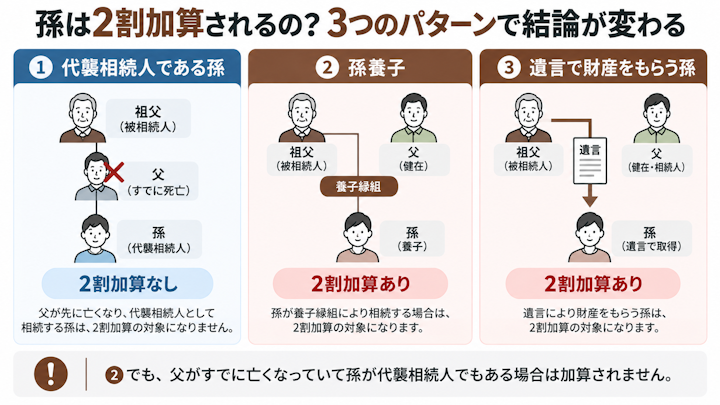 孫が財産を受け取る3パターンの比較図。子が先に死亡した代襲相続の孫は2割加算なし、孫養子と遺言で財産をもらう孫は2割加算ありとなることを示す