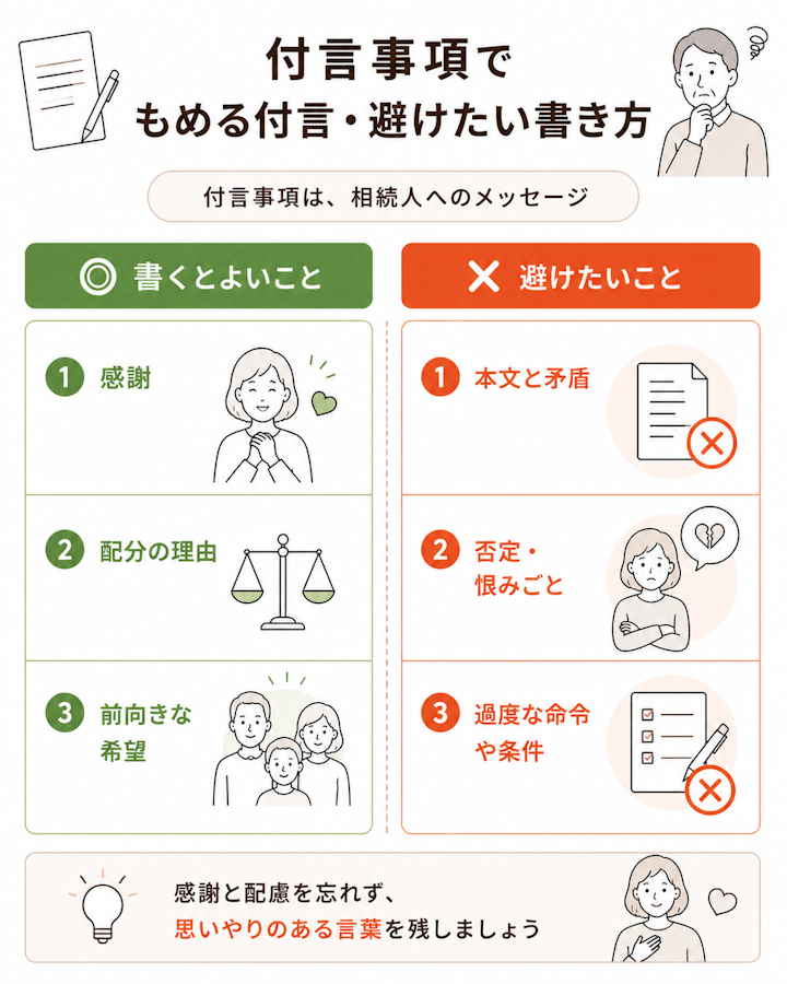 付言事項に書くとよいのは感謝や配分の理由や前向きな希望で、避けたいのは本文と矛盾する内容や特定の人への否定・恨みごと、過度な命令や条件であることを左右で対比した一覧の図