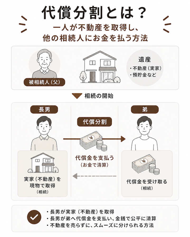 長男が実家などの不動産を現物で相続し、その代わりに他の相続人である弟へ代償金としてお金を支払う、という代償分割の基本的な仕組みを示した概念図