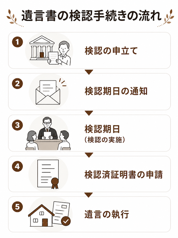 検認の手続きから遺言の執行までの5ステップのフローチャート