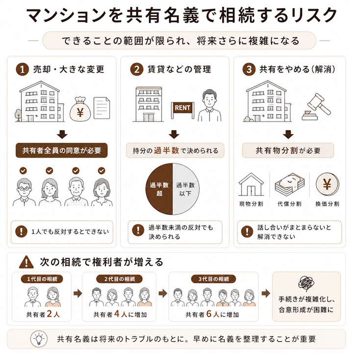 マンションを共有名義で相続したときのリスクを示す図。売却や大きな変更には共有者全員の同意が必要、賃貸などの管理は持分の過半数で決められる、共有をやめるには共有物分割が必要、さらに次の相続で権利者が増えて手続きが複雑になることを示す内容