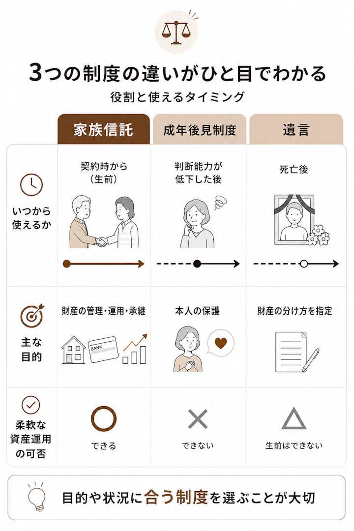 家族信託、成年後見制度、遺言の違い