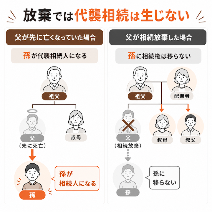 父が先に亡くなった場合は孫が代襲相続人になるが、父が相続放棄した場合は孫に相続権が移らず、同順位の相続人や次順位の相続人へ移ることを左右で対比した図