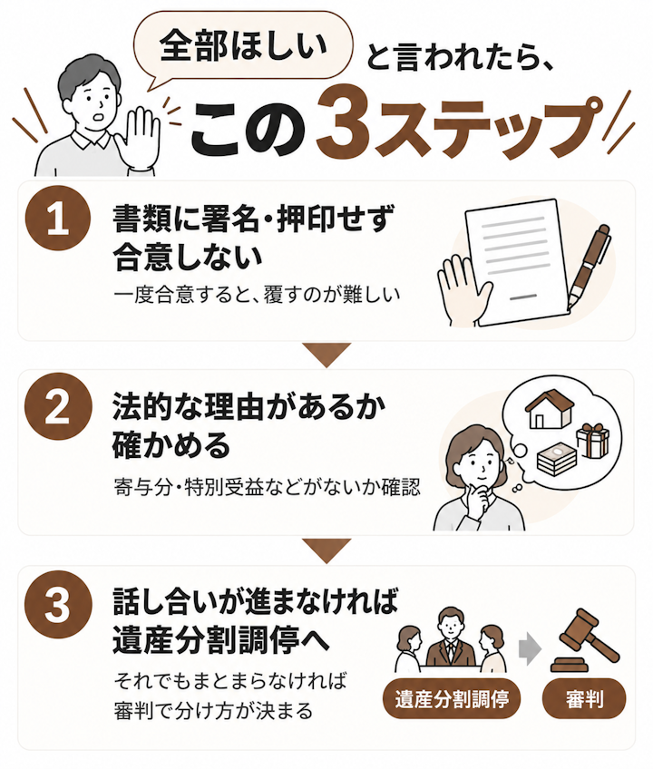 一人の相続人がすべての遺産を相続したいと主張しているときの対処の流れとして、1.書類に署名や押印をせず合意しない、2.寄与分や特別受益など法的に認められる理由があるか確かめる、3.話し合いが進まなければ遺産分割調停を申し立て、まとまらなければ審判で裁判官が分け方を決める、という3つのステップの図