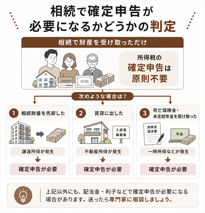 相続で財産を受け取っただけなら所得税の確定申告は原則不要だが、相続財産を売却して譲渡所得が出た場合、賃貸に出して不動産所得が出た場合、死亡保険金や未支給年金を受け取った場合には確定申告が必要になることを示した分岐図