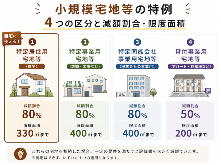小規模宅地等の特例の4区分について、特定居住用宅地等は80%・330㎡、特定事業用・特定同族会社事業用宅地等は80%・400㎡、貸付事業用宅地等は50%・200㎡という減額割合と限度面積を一覧で示した図