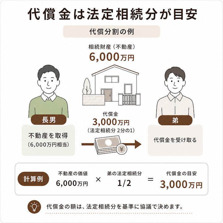 6,000万円の不動産を長男が相続し、法定相続分2分の1にあたる3,000万円を弟に代償金として支払う、という代償分割の計算例を示した図