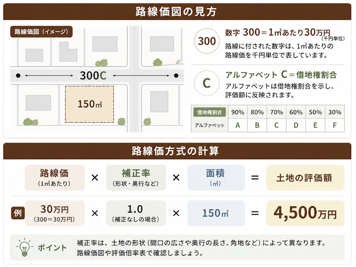 路線価図の数字は1㎡あたりの路線価を千円単位で表し、アルファベットは借地権割合を示すこと、路線価方式は路線価×補正率×面積で計算し30万円×1.0×150㎡で4,500万円になる例を示した図