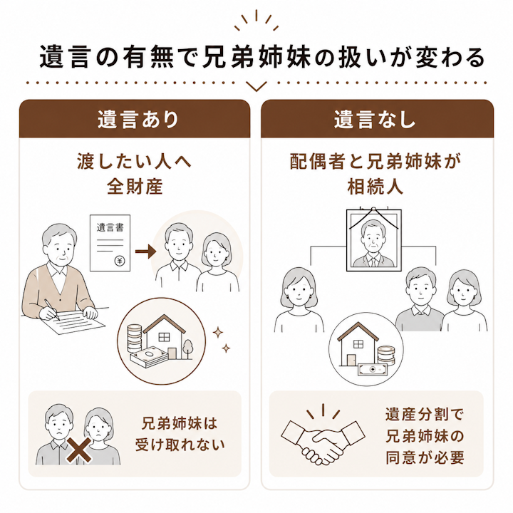 遺言の有無で兄弟姉妹の扱いが変わる
