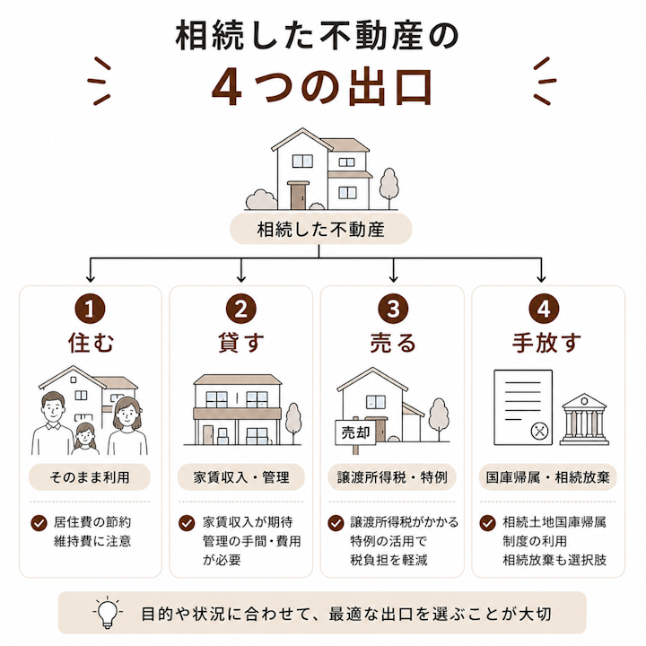 相続した不動産は、住む・貸す・売る・手放すの4つの選択肢があり、売るには譲渡所得税や特例、手放すには相続土地国庫帰属制度や相続放棄が関わることを示した図
