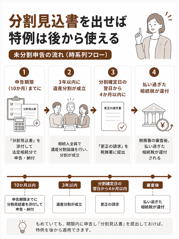 申告期限の10か月までに分割見込書を添付して法定相続分で申告・納付し、3年以内に遺産分割を成立させ、分割確定日の翌日から4か月以内に更正の請求をすると払い過ぎた相続税が還付される流れを示した時系列の図