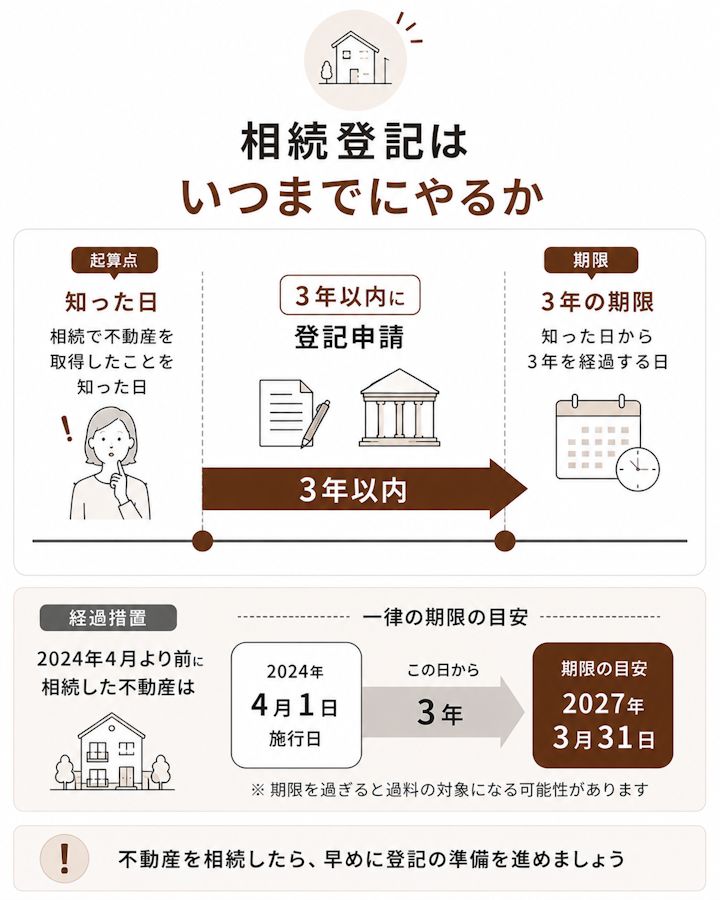 相続で不動産を取得したことを知った日から3年以内に登記申請が必要で、2024年4月より前に相続した不動産は2027年3月31日が期限の目安になることを、矢印で示した図