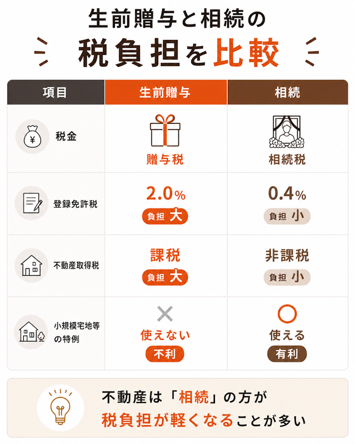 不動産を生前贈与した場合と相続した場合で、贈与税・相続税、登録免許税、不動産取得税、小規模宅地等の特例の使える・使えないを並べて比較した表