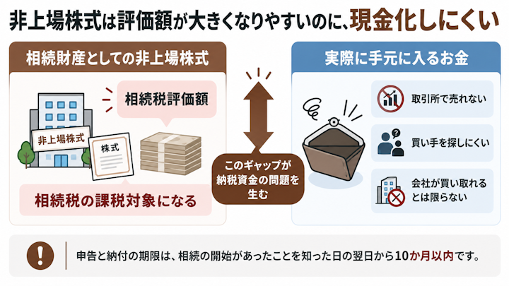 非上場株式は相続税評価額が大きくなりやすいのに売却して現金化しにくいため、10か月の申告期限までに納税資金が用意しづらいことを示した対比図