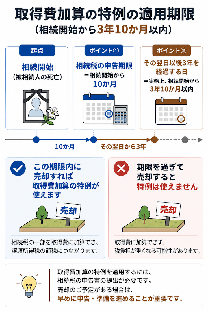 取得費加算の特例は、相続開始から相続税の申告期限(10か月)を経て、その翌日以後3年を経過する日まで(実務上は相続開始から3年10か月以内)に売却すると使えることを時間軸で示した図