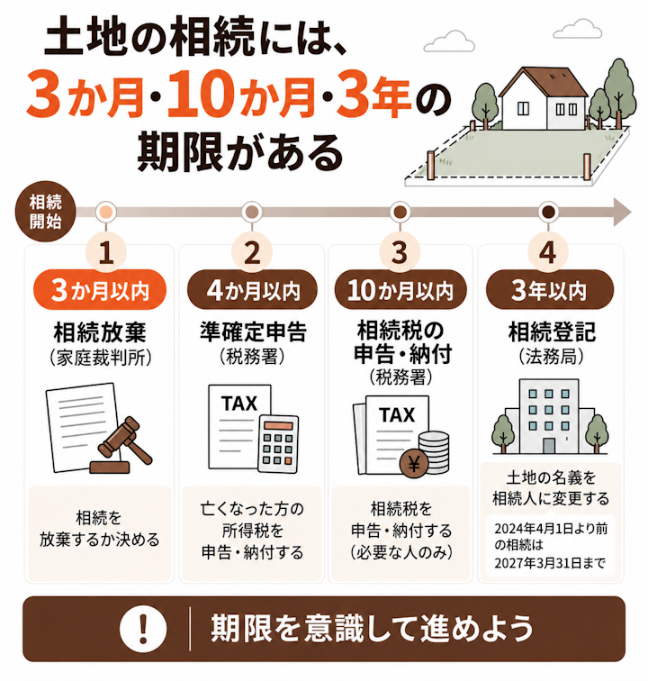 土地の相続手続きの期限として、相続放棄は相続を知った日から3か月以内、準確定申告は4か月以内、相続税の申告と納付は10か月以内、相続登記は取得を知った日から3年以内(2024年4月1日より前の相続は2027年3月31日まで)であることを時間軸で示した図