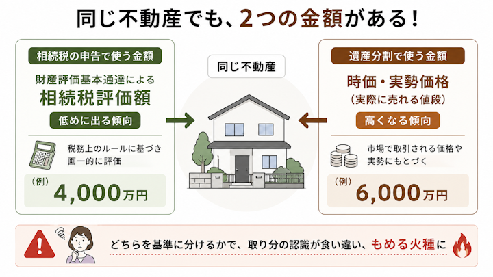 同じ不動産について、相続税の申告では財産評価基本通達にもとづく相続税評価額を使い、遺産分割では時価(実勢価格)を基準にするため2つの金額が生じ、どちらを基準に分けるかで相続人間の対立が起きやすいことを示した図