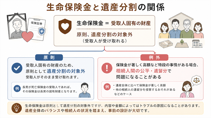 生命保険金は受取人固有の財産として原則遺産分割の対象外だが、遺産全体に比べて著しく高額など特段の事情がある場合には相続人間の公平や遺留分が問題になりうることを示した図