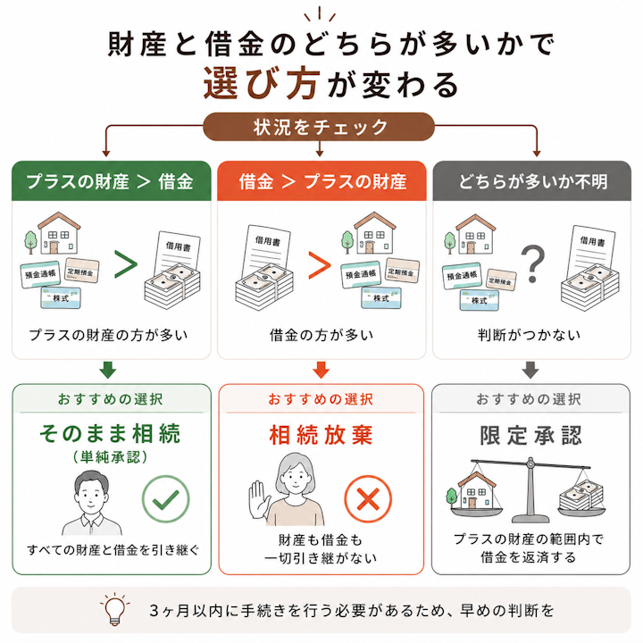 プラスの財産が借金より多ければそのまま相続、借金がプラスの財産より多ければ相続放棄、どちらが多いか分からなければ限定承認、という3つの選び方を条件ごとに示した判断フロー図