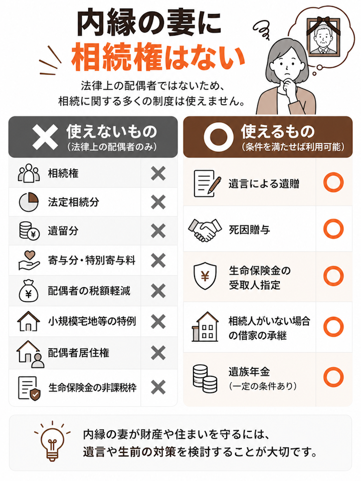 相続権・法定相続分・遺留分・寄与分・特別寄与料・配偶者の税額軽減・小規模宅地等の特例・配偶者居住権・生命保険金の非課税枠が×、遺言による遺贈・死因贈与・生命保険金の受取人指定・相続人がいない場合の借家の承継・遺族年金が◯となる、内縁の妻が使える制度と使えない制度の一覧表